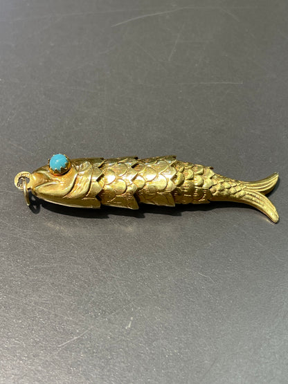 Vintage 18K Yellow Gold Large Turquoise Articulated Fish Pendant Charm
