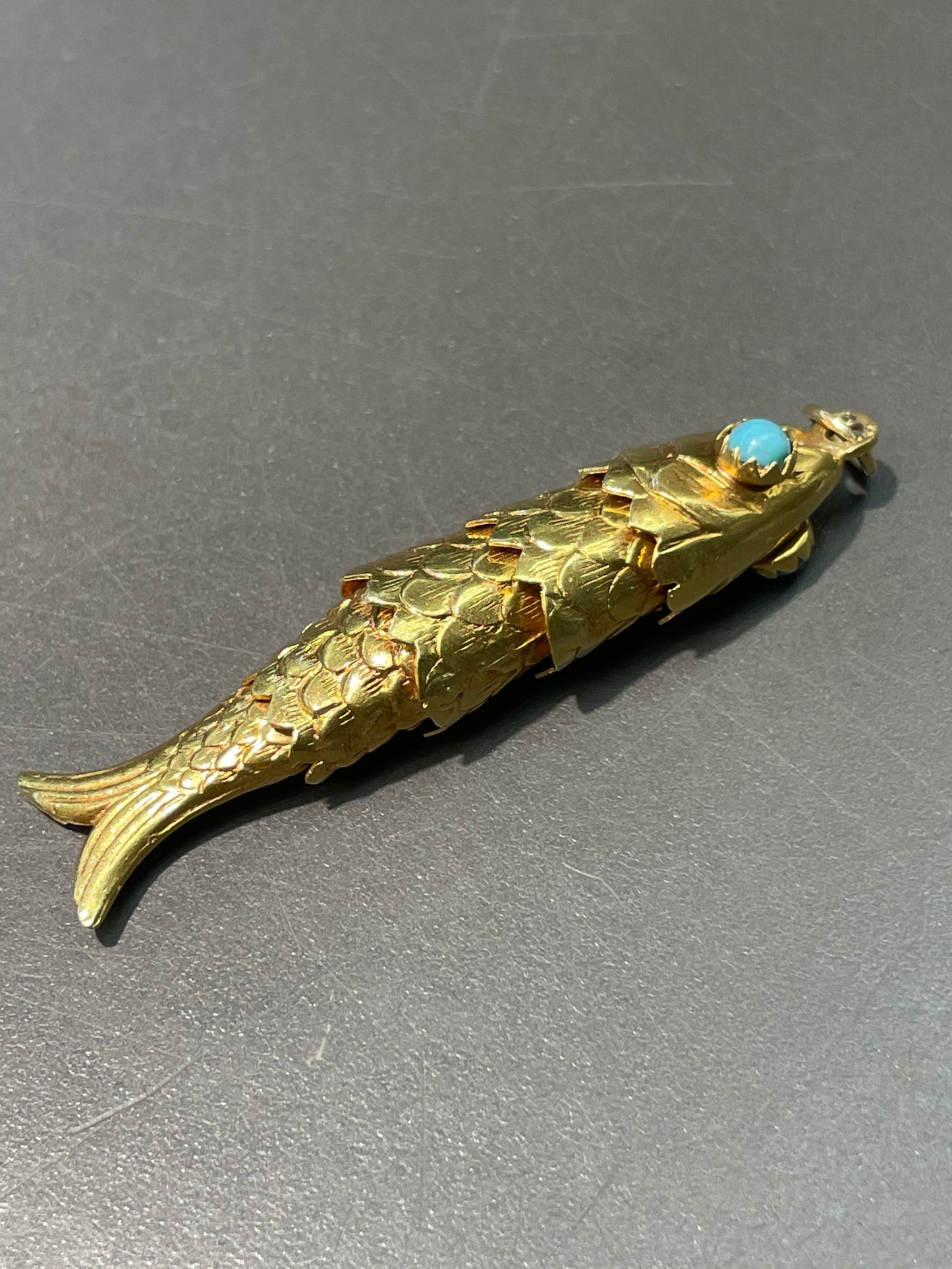 Vintage 18K Yellow Gold Large Turquoise Articulated Fish Pendant Charm