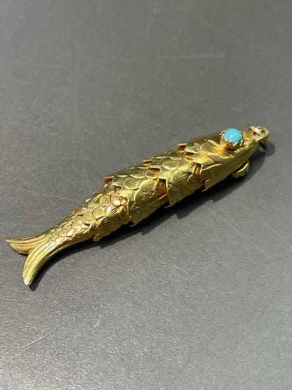 Vintage 18K Yellow Gold Large Turquoise Articulated Fish Pendant Charm