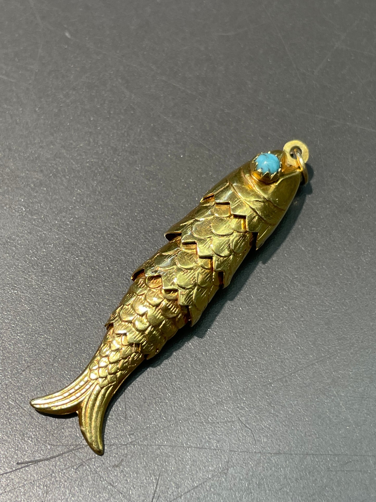 Vintage 18K Yellow Gold Large Turquoise Articulated Fish Pendant Charm