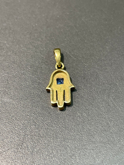 Vintage 18K Yellow Gold Sapphire Hamsa Hand Charm Pendant