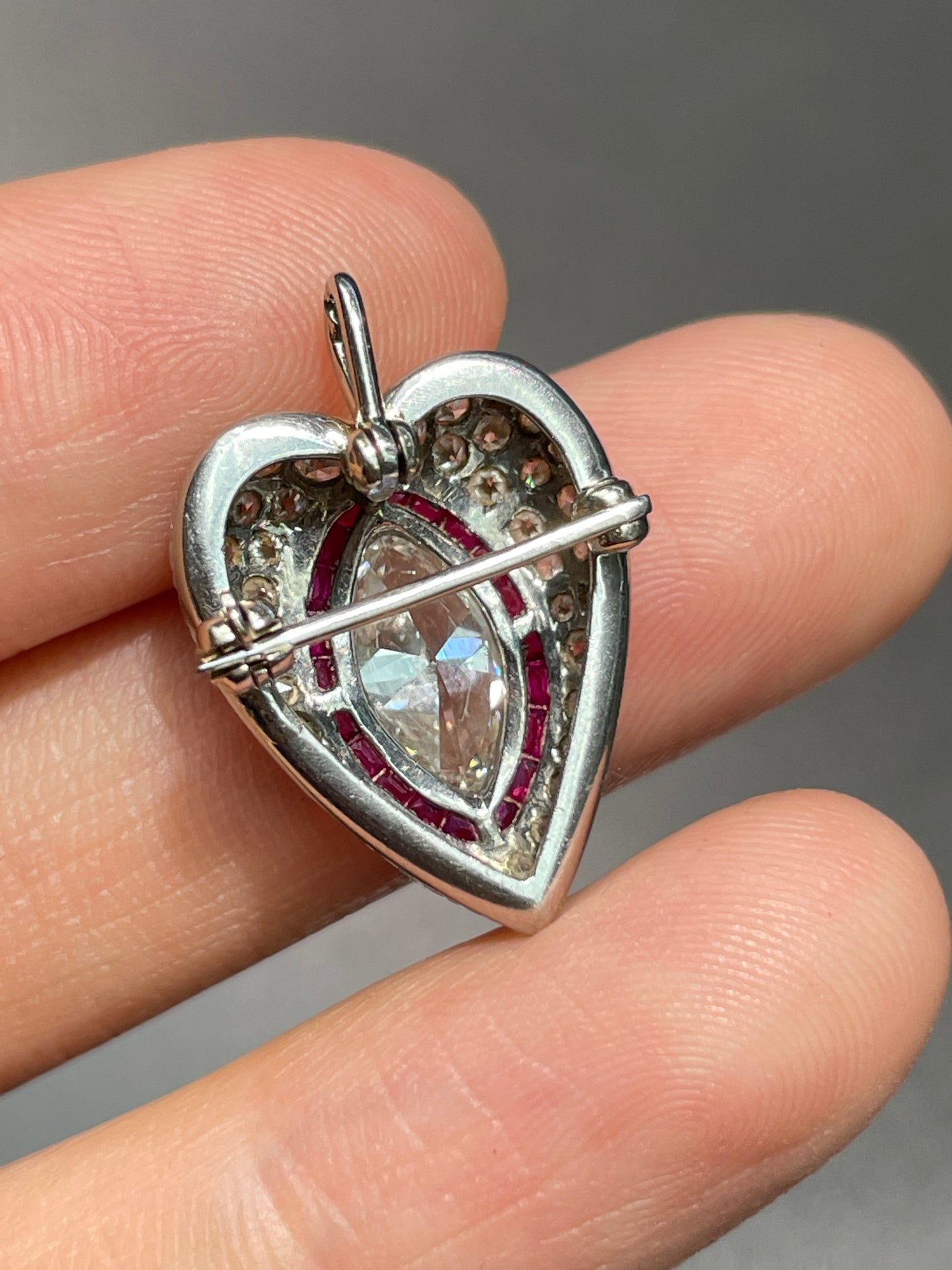 Art Deco Platinum 1.10 CTW Marquise Shaped Diamond Ruby Heart Pendant Brooch