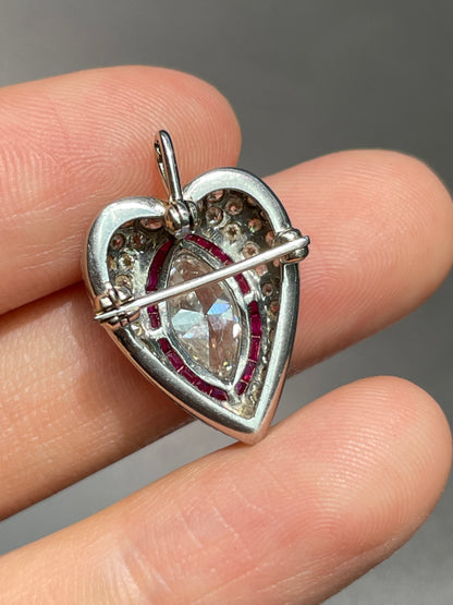 Art Deco Platinum 1.10 CTW Marquise Shaped Diamond Ruby Heart Pendant Brooch