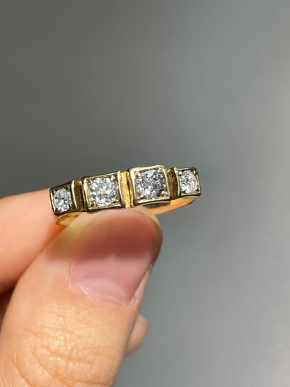 Antique 14K Gold 0.60 CTW Old Mine Cut Diamond Four Stone Band Ring