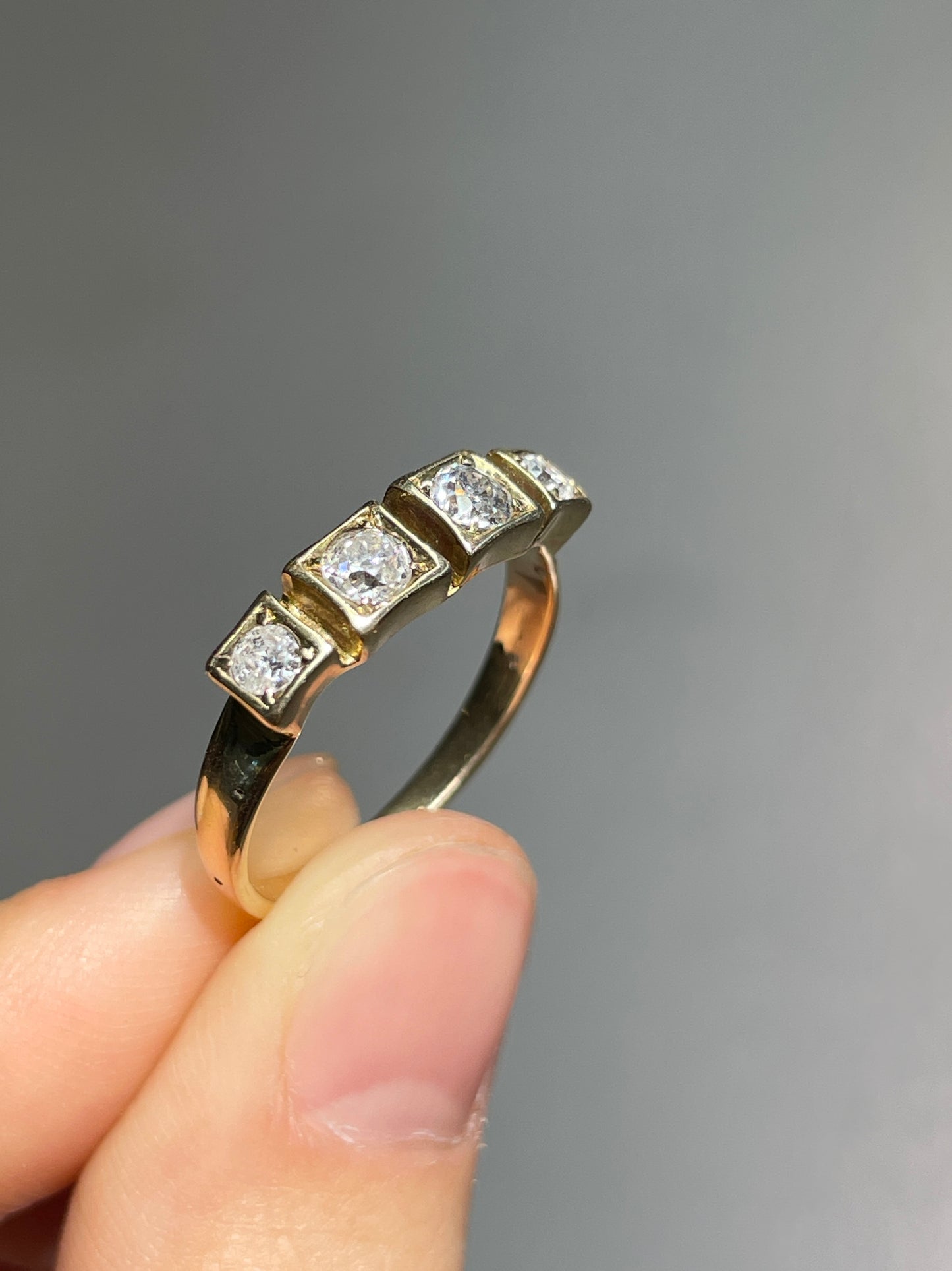 Antique 14K Gold 0.60 CTW Old Mine Cut Diamond Four Stone Band Ring