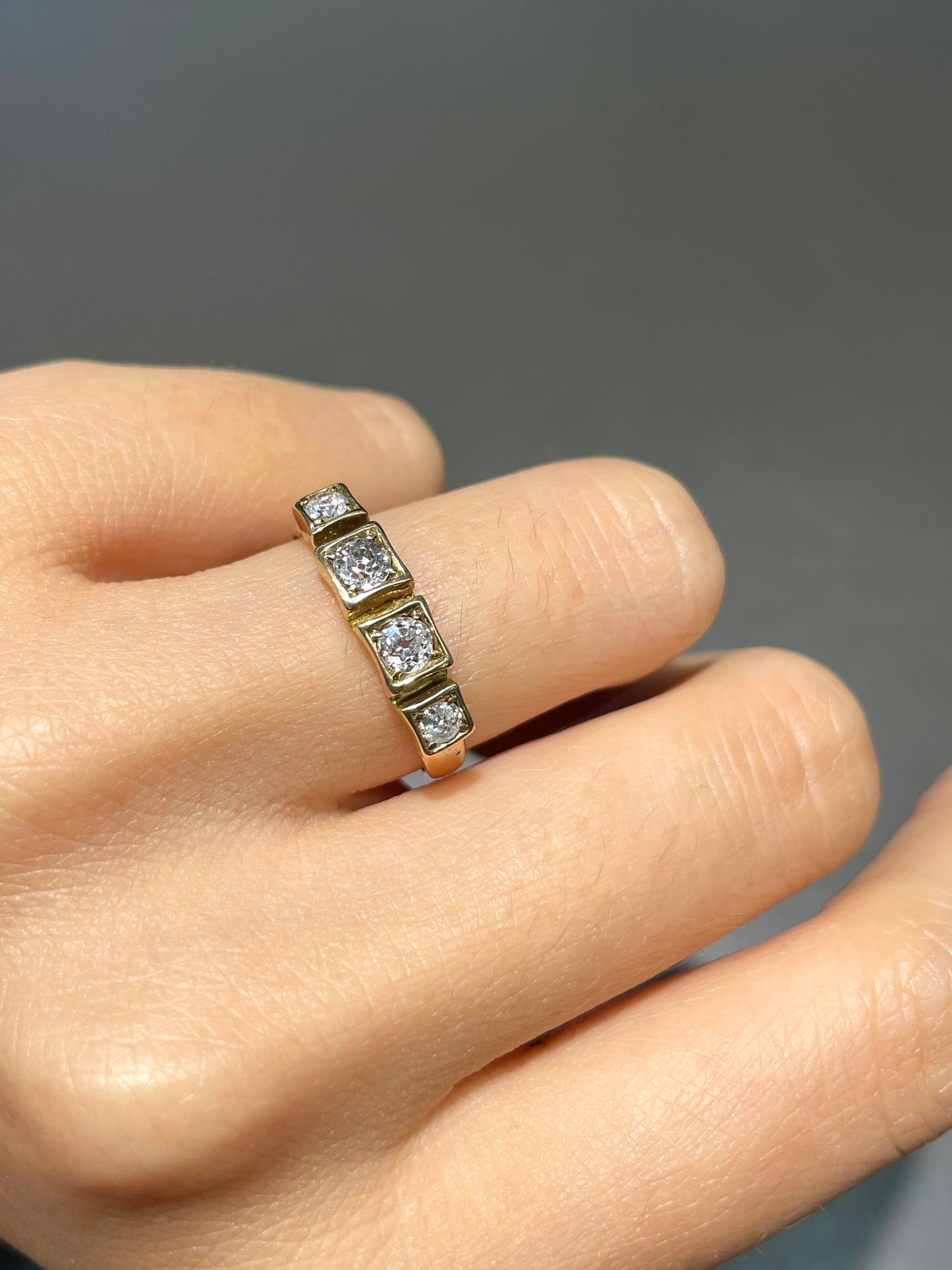 Antique 14K Gold 0.60 CTW Old Mine Cut Diamond Four Stone Band Ring