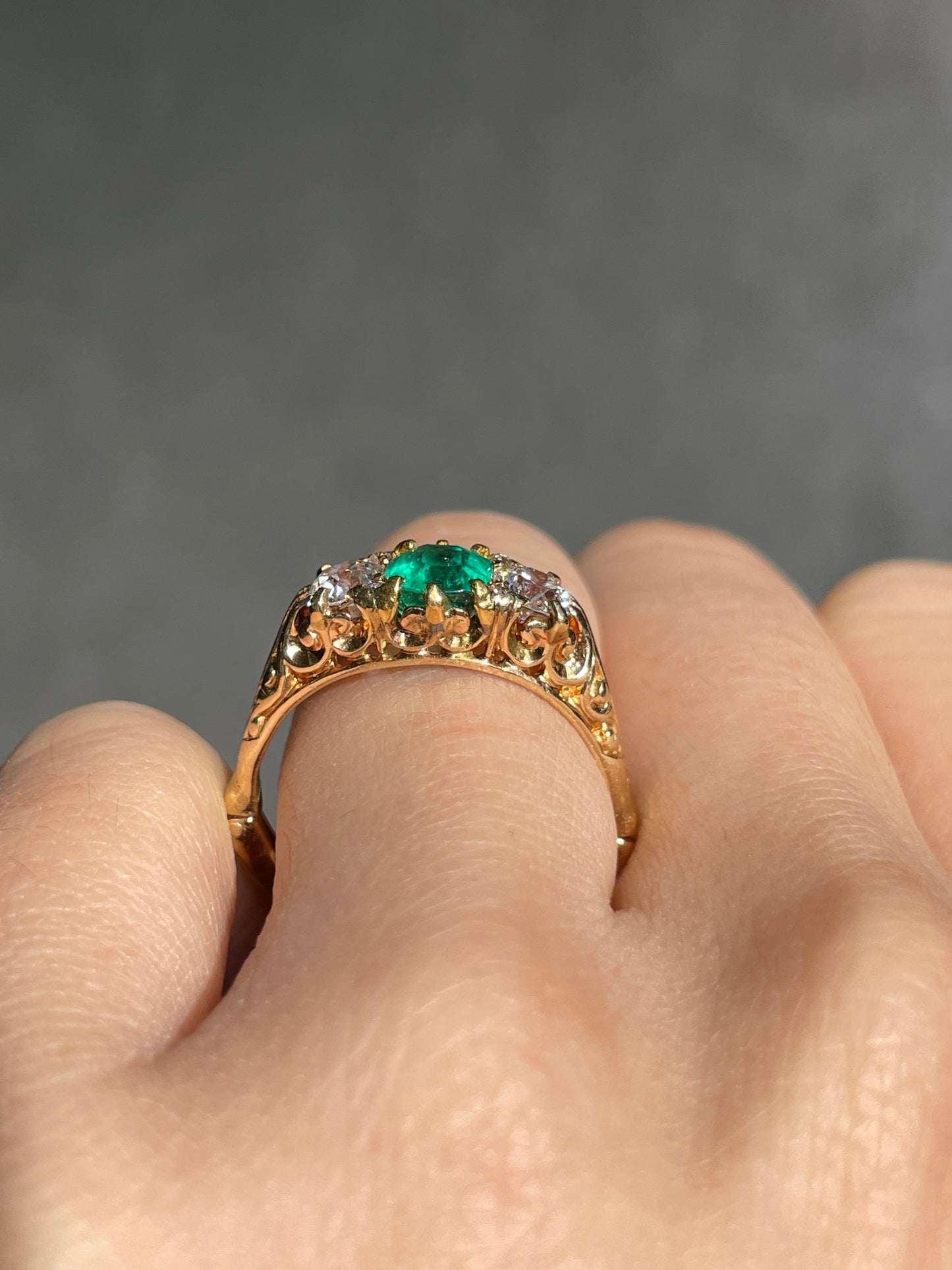 Antique 14K Gold 1.15 CTW Colombian Emerald Diamond Three Stone Ring GIA