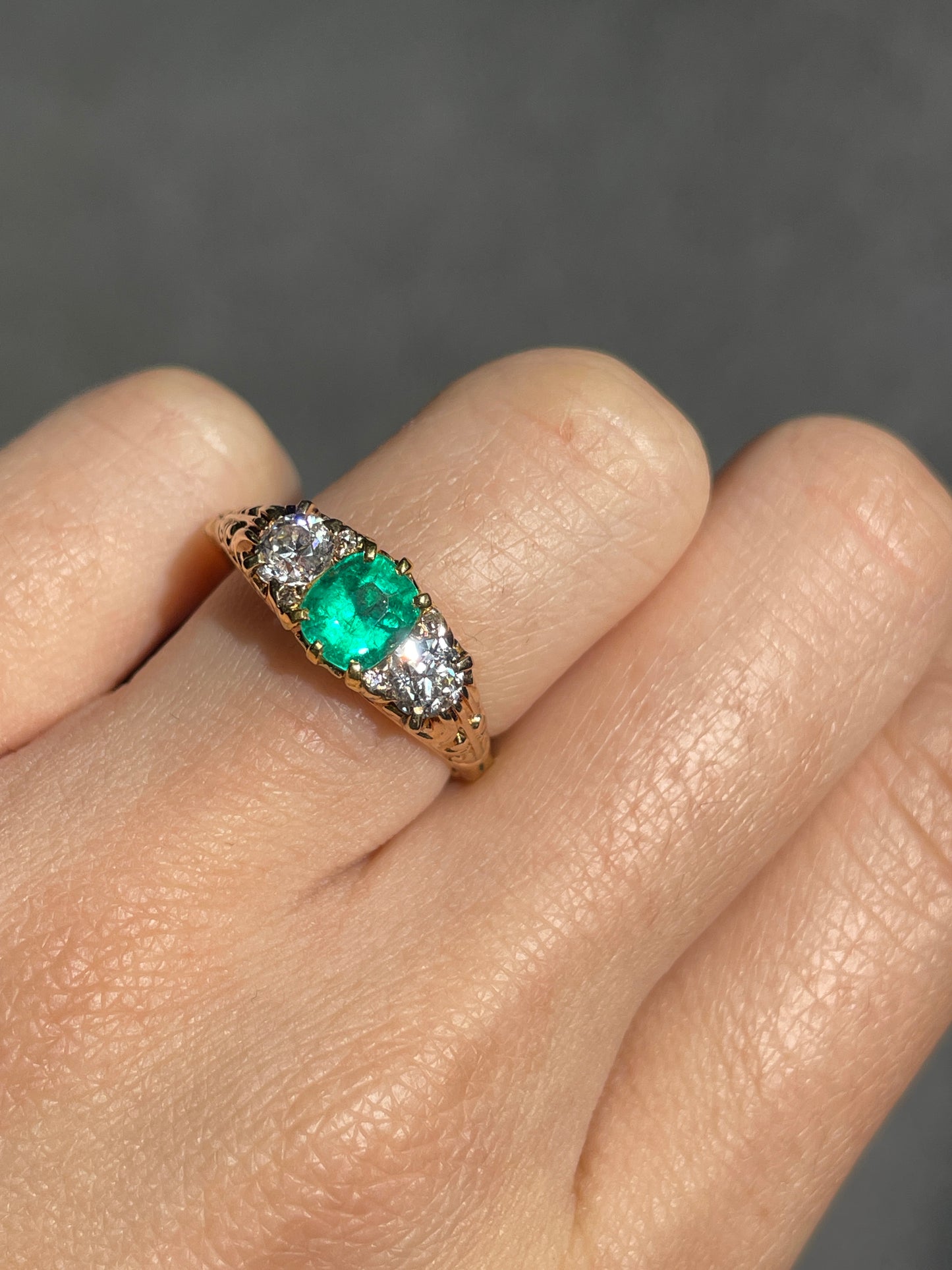 Antique 14K Gold 1.15 CTW Colombian Emerald Diamond Three Stone Ring GIA