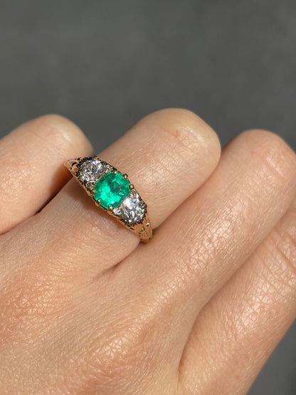 Antique 14K Gold 1.15 CTW Colombian Emerald Diamond Three Stone Ring GIA