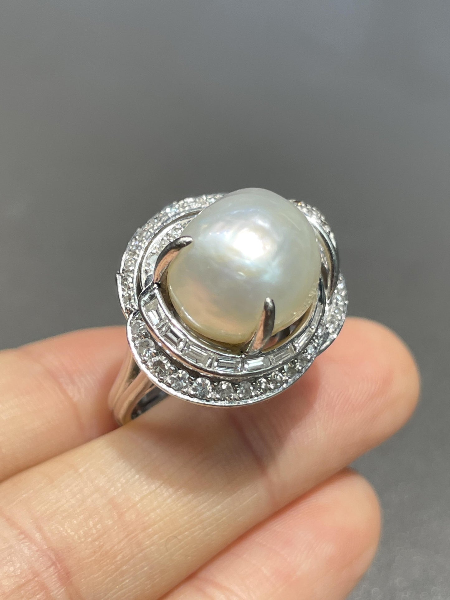 Vintage 14K Gold Baroque Pearl Diamond Cocktail Ring