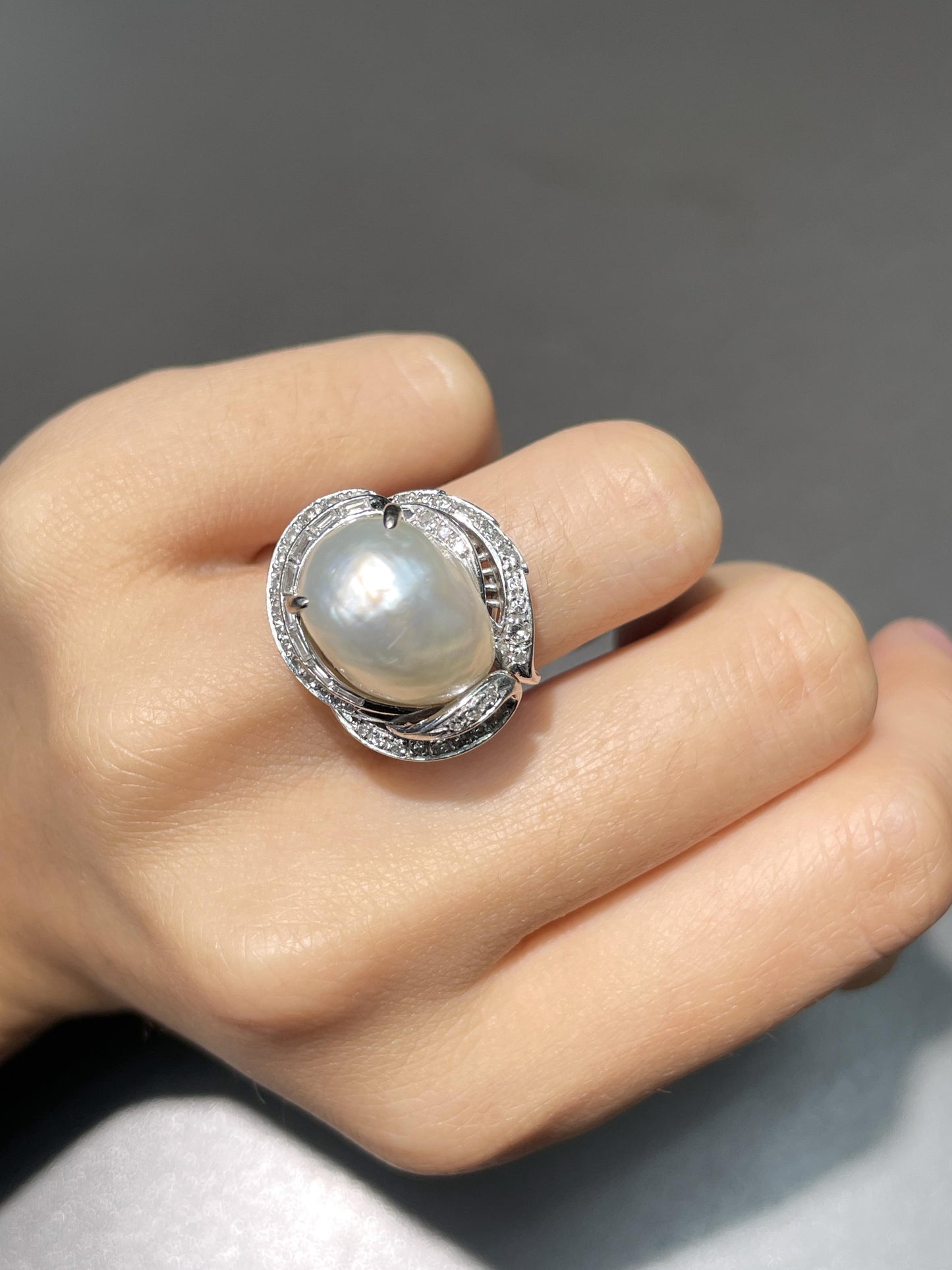 Vintage 14K Gold Baroque Pearl Diamond Cocktail Ring