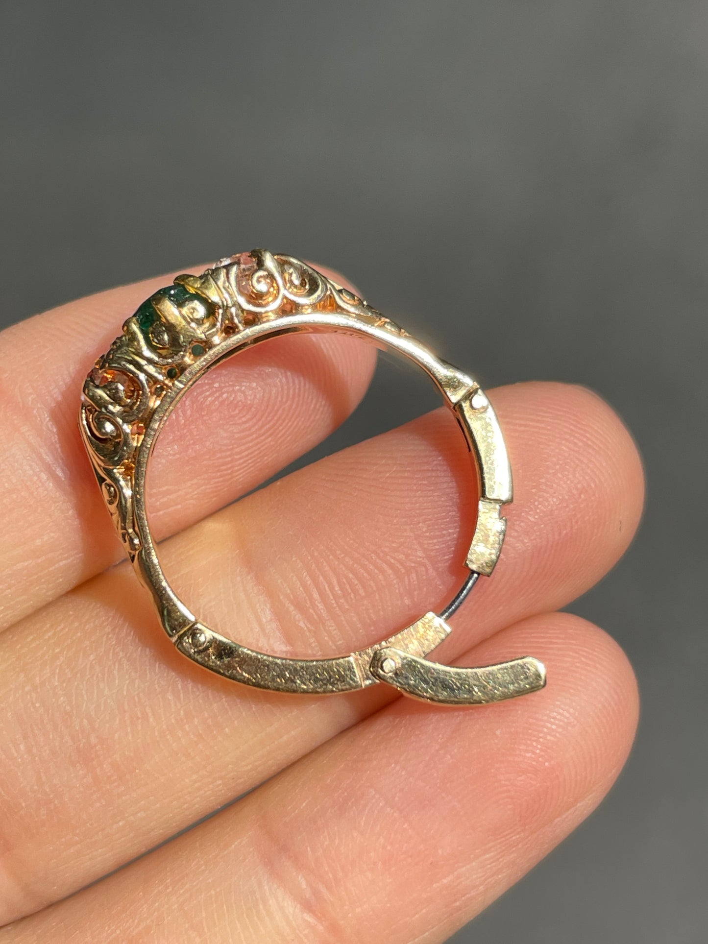 Antique 14K Gold 1.15 CTW Colombian Emerald Diamond Three Stone Ring GIA