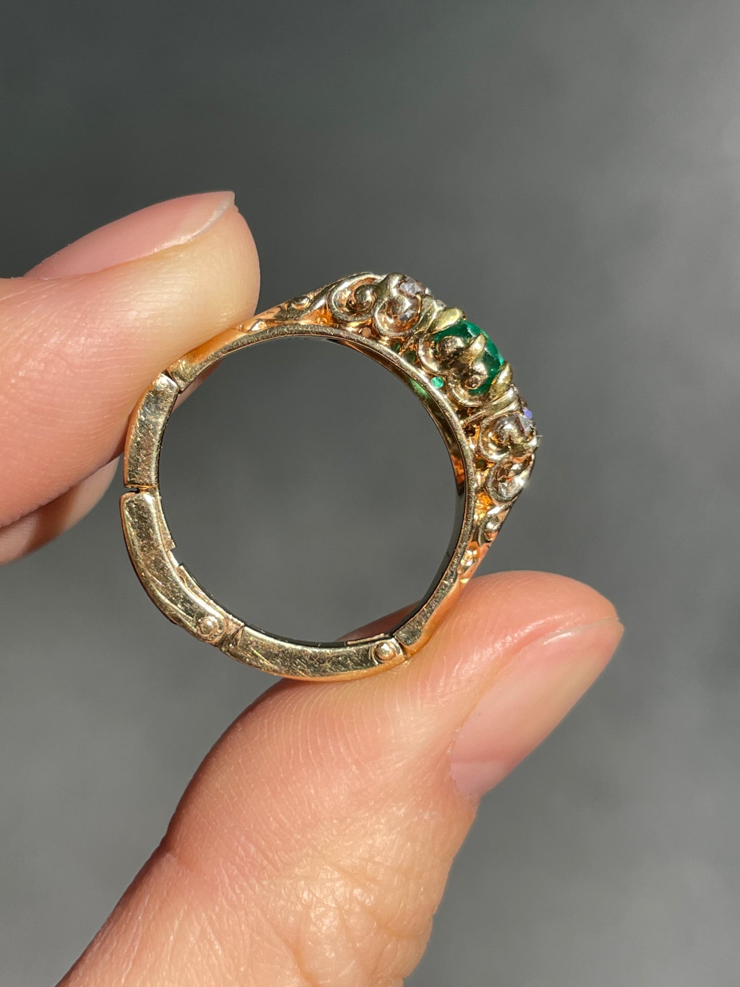Antique 14K Gold 1.15 CTW Colombian Emerald Diamond Three Stone Ring GIA