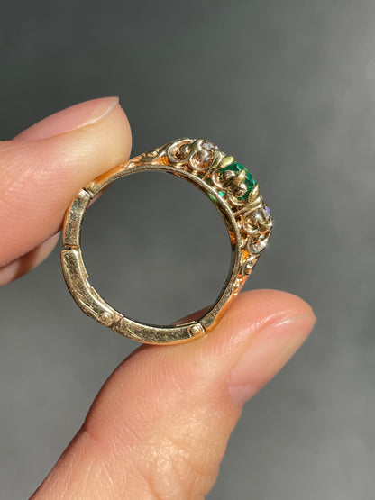 Antique 14K Gold 1.15 CTW Colombian Emerald Diamond Three Stone Ring GIA