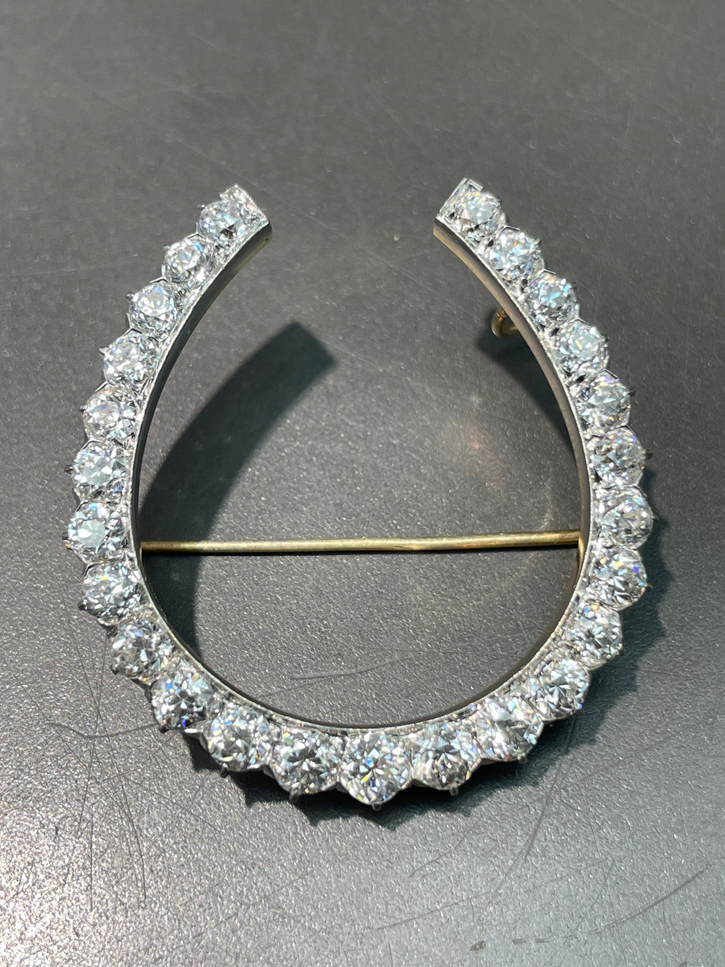 Antique Edwardian Platinum 18K Yellow Gold 4.30 CTW Diamond Horse Shoe Brooch Pendant