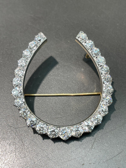 Antique Edwardian Platinum 18K Yellow Gold 4.30 CTW Diamond Horse Shoe Brooch Pendant