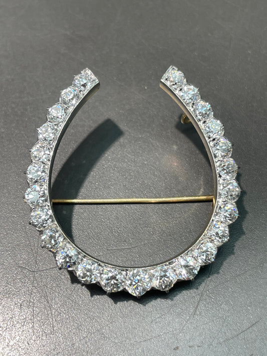 Antique Edwardian Platinum 18K Yellow Gold 4.30 CTW Diamond Horse Shoe Brooch Pendant