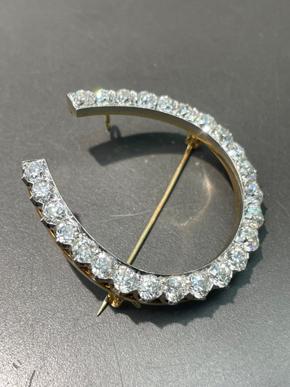 Antique Edwardian Platinum 18K Yellow Gold 4.30 CTW Diamond Horse Shoe Brooch Pendant