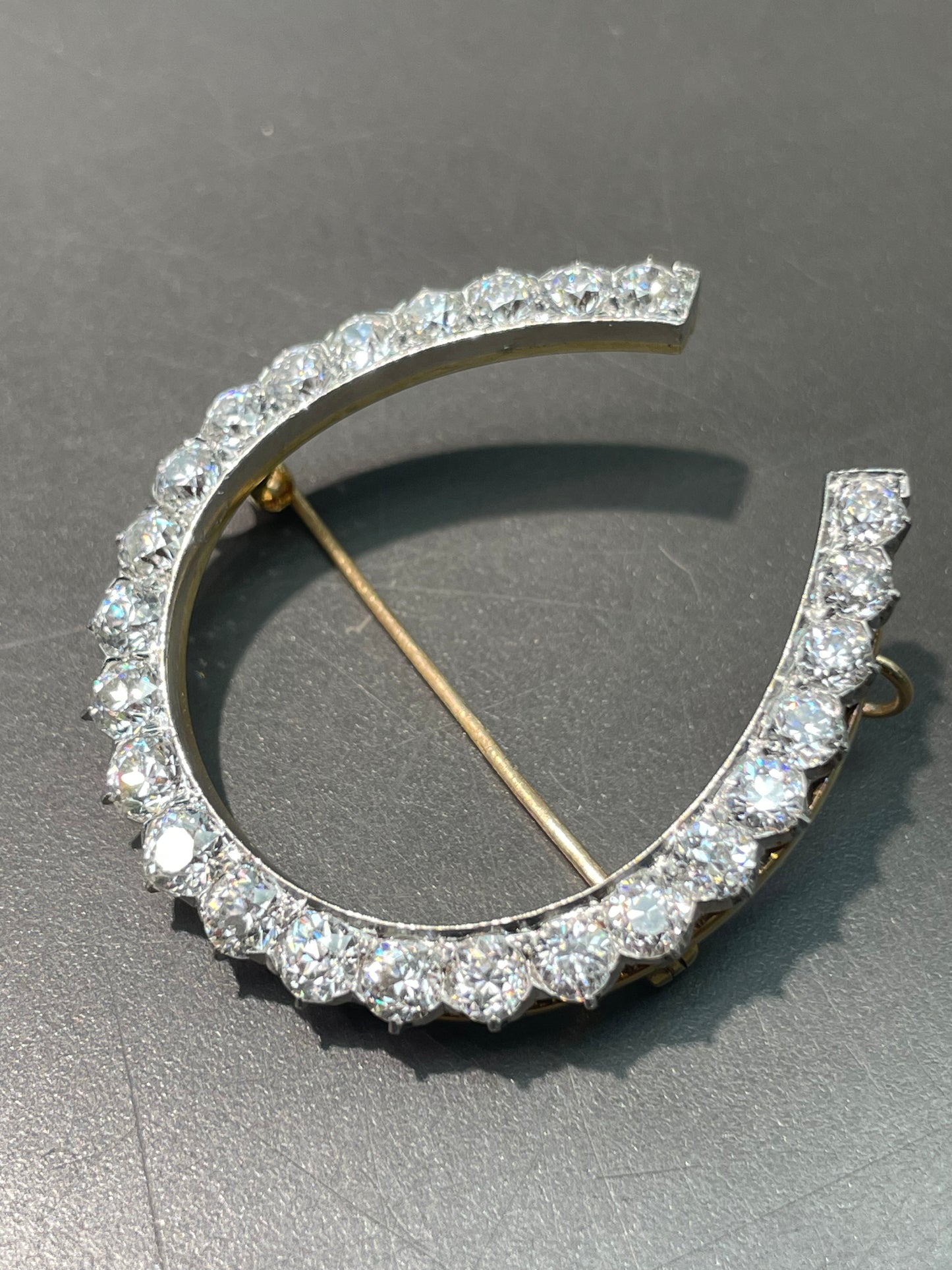 Antique Edwardian Platinum 18K Yellow Gold 4.30 CTW Diamond Horse Shoe Brooch Pendant