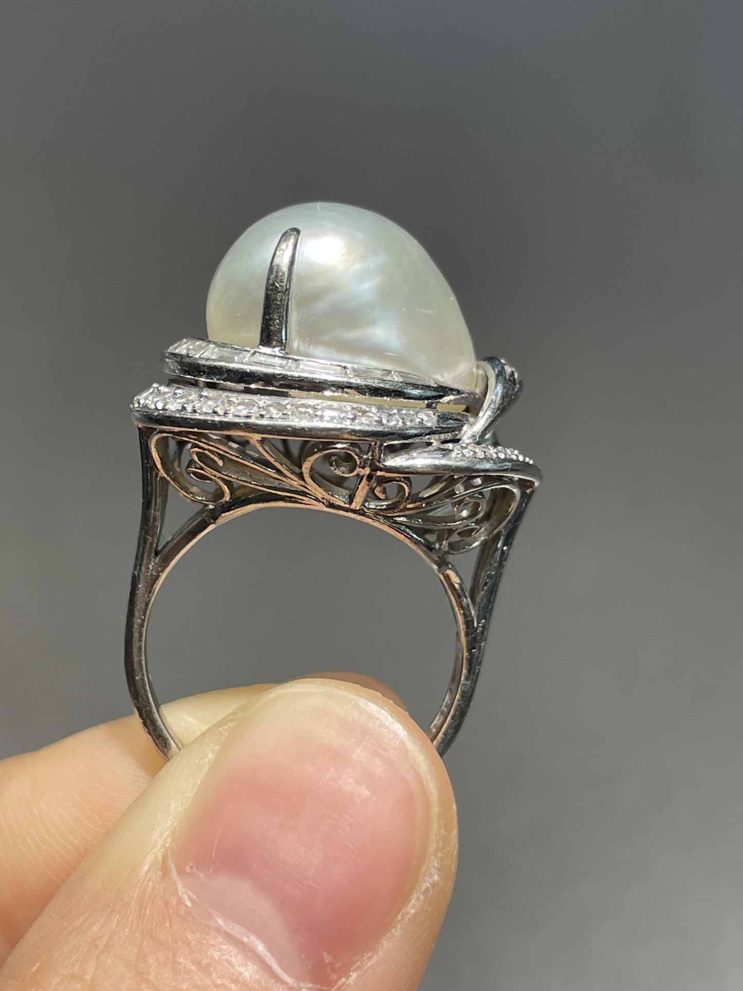 Vintage 14K Gold Baroque Pearl Diamond Cocktail Ring