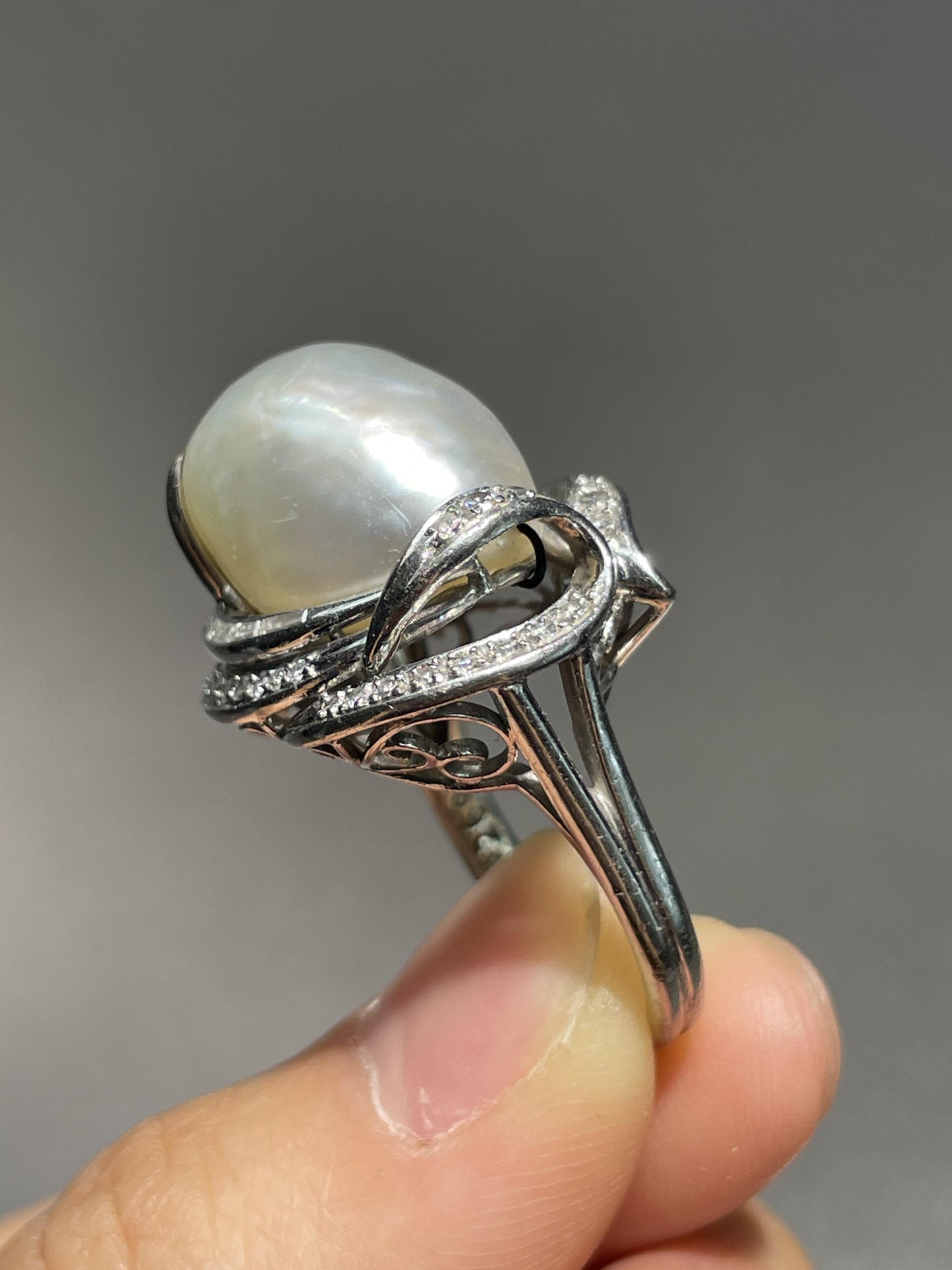 Vintage 14K Gold Baroque Pearl Diamond Cocktail Ring