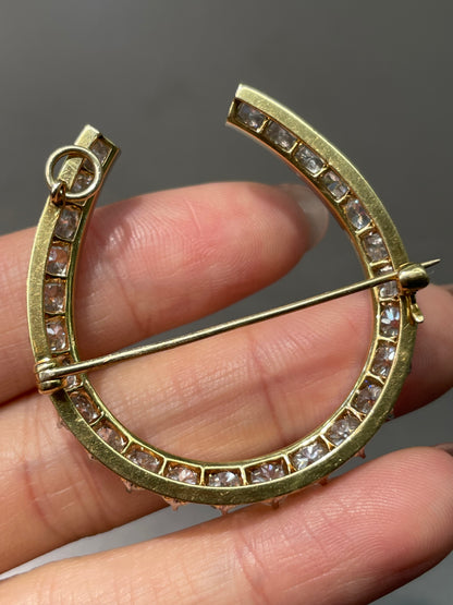 Antique Edwardian Platinum 18K Yellow Gold 4.30 CTW Diamond Horse Shoe Brooch Pendant