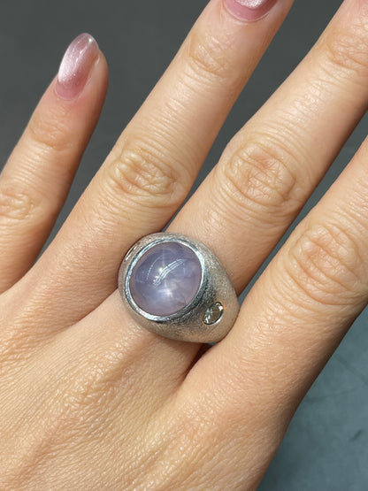 Vintage 14K White Gold Star Sapphire Diamond Gypsy Ring