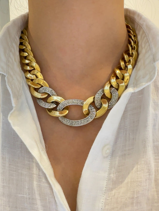 Vintage 14K Yellow Gold 3.6 CTW Diamond Pave Graduated Curb Link Chain Necklace 17.5 inch