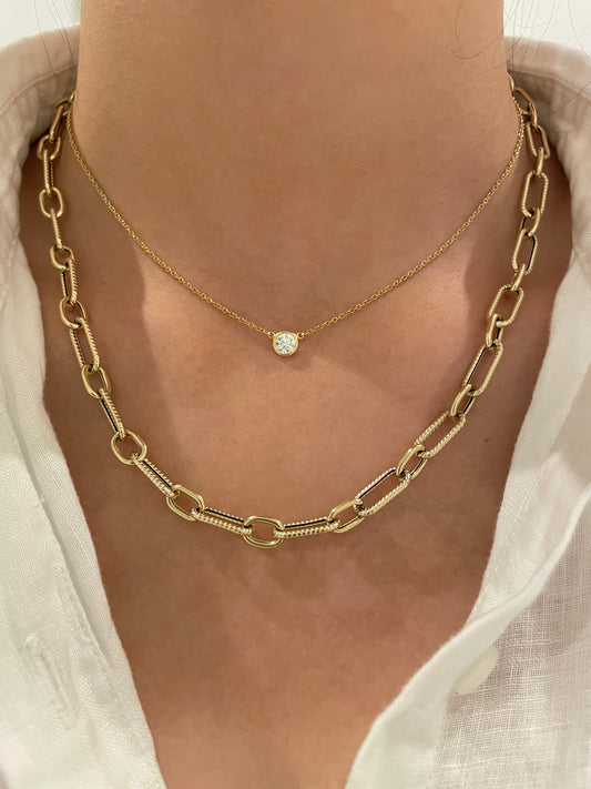 14K Yellow Gold Hollow 6.0 mm Ribbed Trombone Link Chain Necklace 18.0 inch