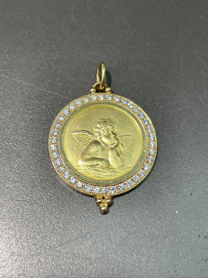 Vintage 14K Gold Diamond Halo Cherub Medallion Pendant