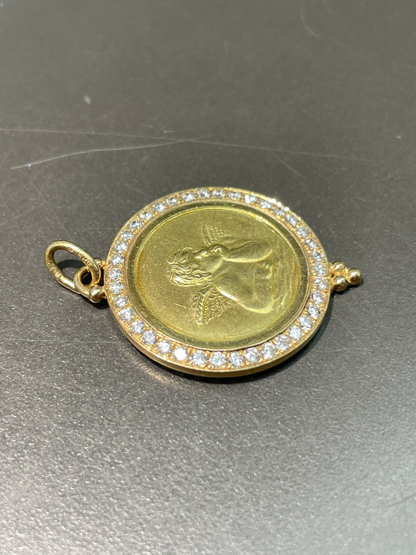 Vintage 14K Gold Diamond Halo Cherub Medallion Pendant