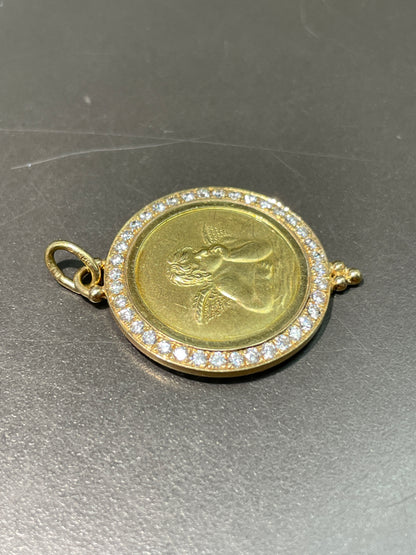 Vintage 14K Gold Diamond Halo Cherub Medallion Pendant