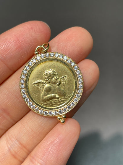 Vintage 14K Gold Diamond Halo Cherub Medallion Pendant