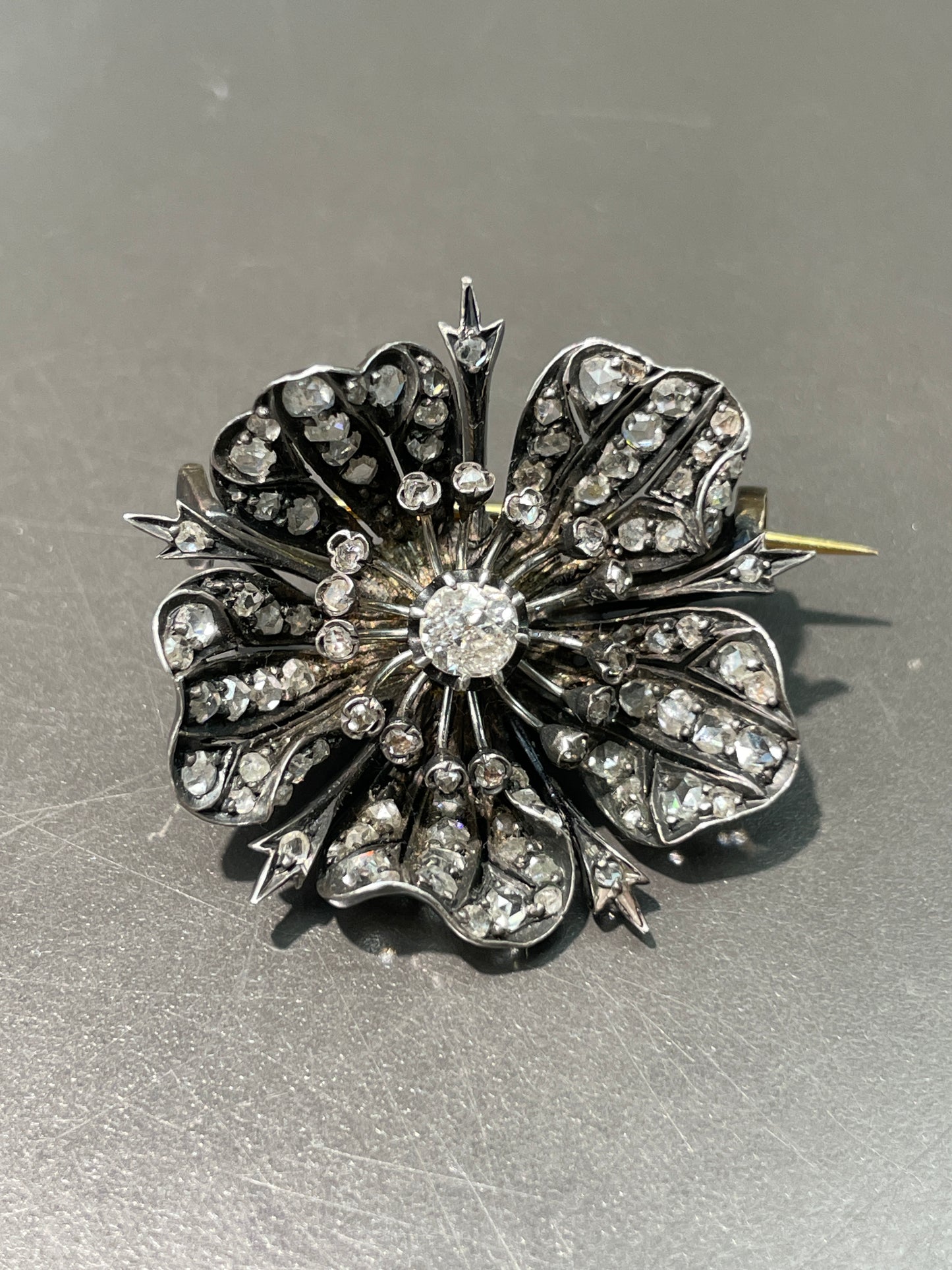 French Victorian Rose Cut Diamond Flower Brooch