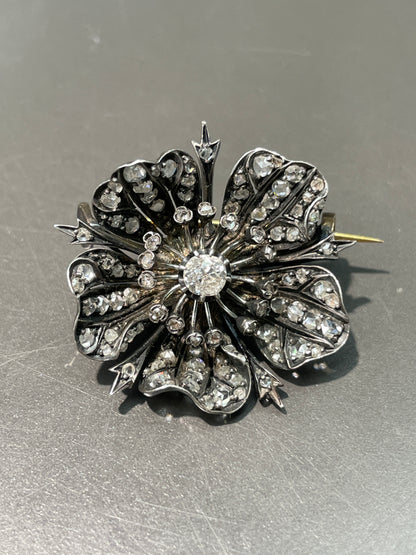 French Victorian Rose Cut Diamond Flower Brooch