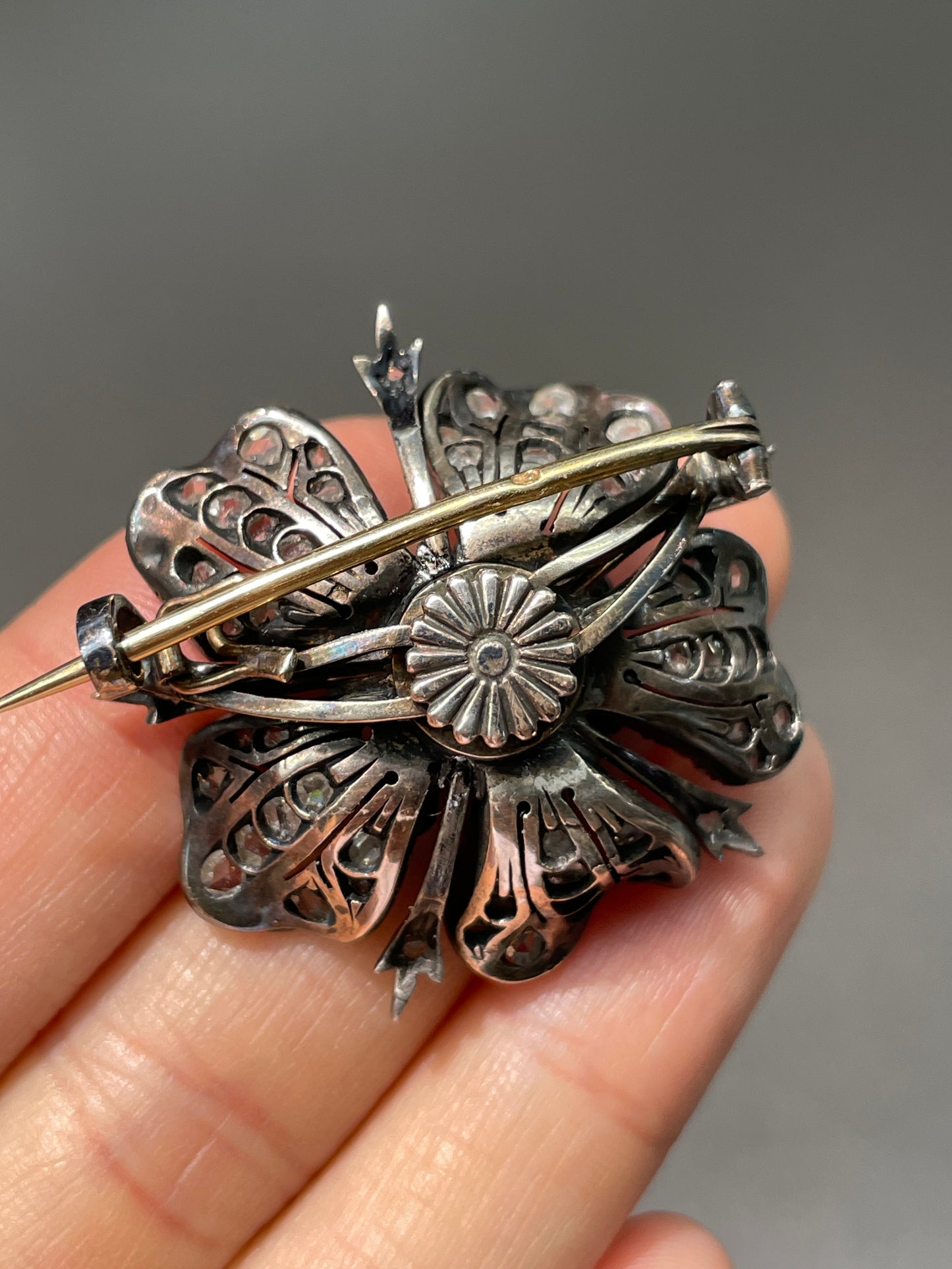 French Victorian Rose Cut Diamond Flower Brooch