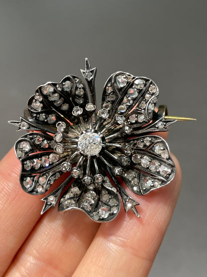 French Victorian Rose Cut Diamond Flower Brooch