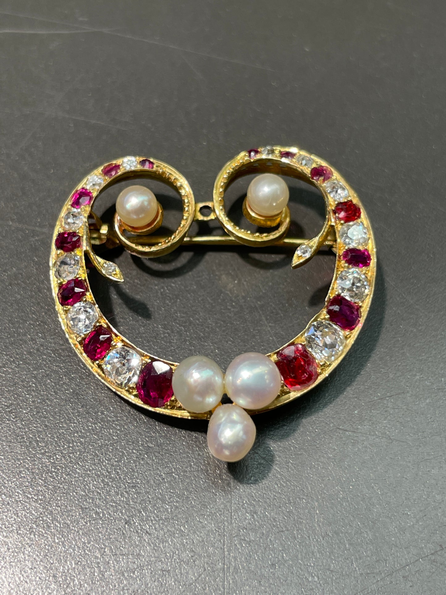 Antique 14K Gold Ruby Diamond Pearl Brooch