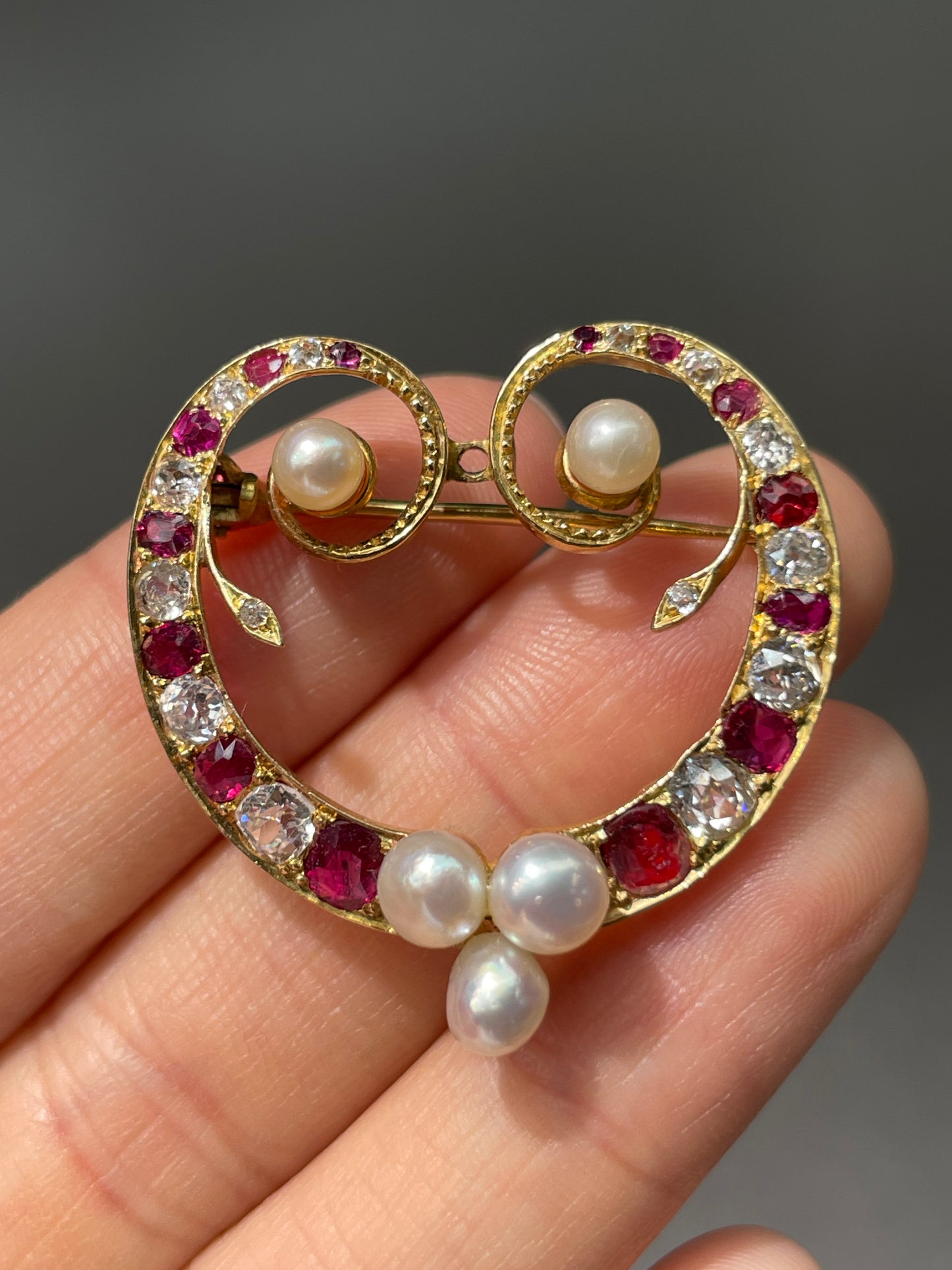 Antique 14K Gold Ruby Diamond Pearl Brooch