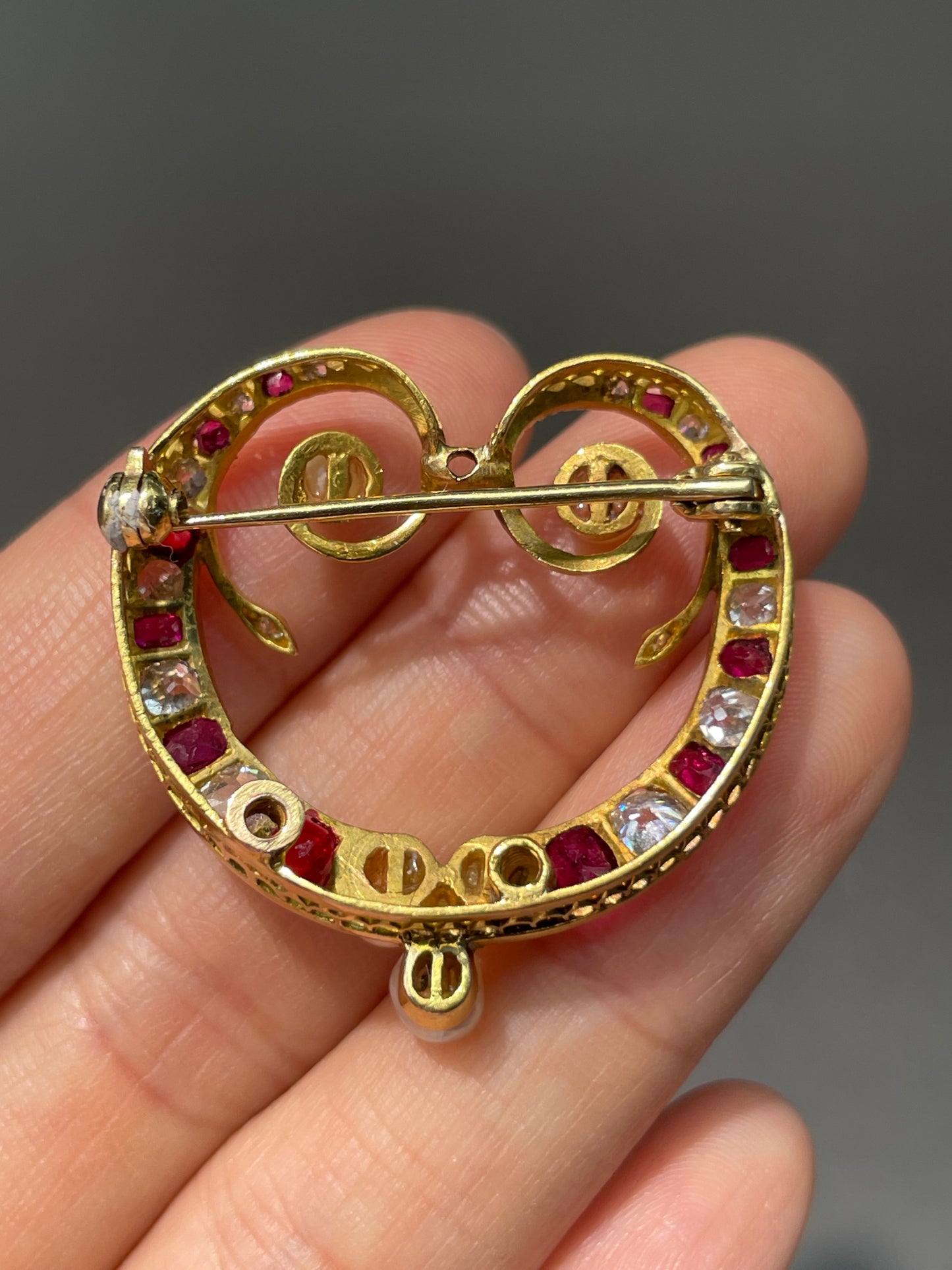 Antique 14K Gold Ruby Diamond Pearl Brooch