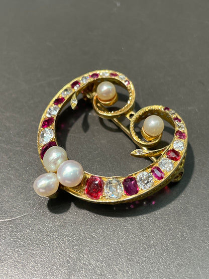 Antique 14K Gold Ruby Diamond Pearl Brooch