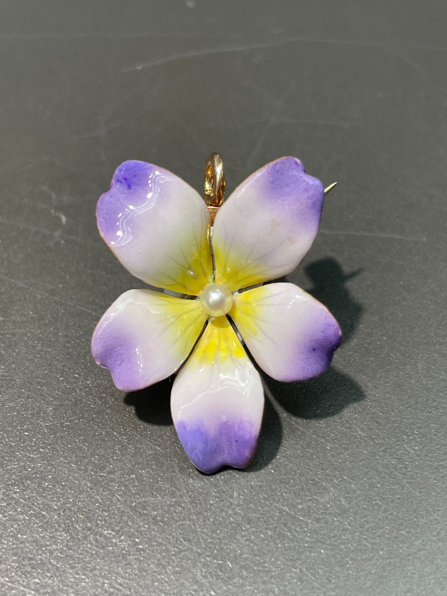 Antique 14K Gold Enamel Pansy Pearl Brooch Pendant