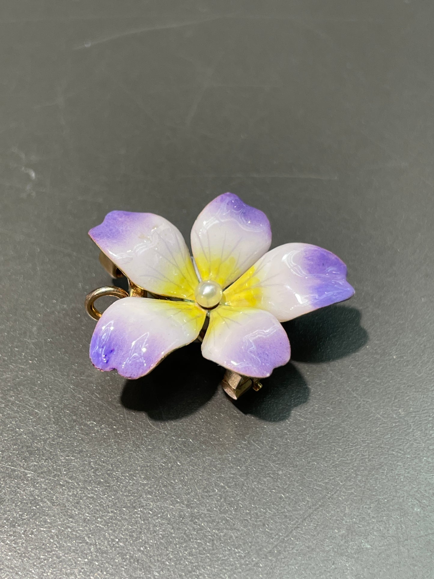 Antique 14K Gold Enamel Pansy Pearl Brooch Pendant