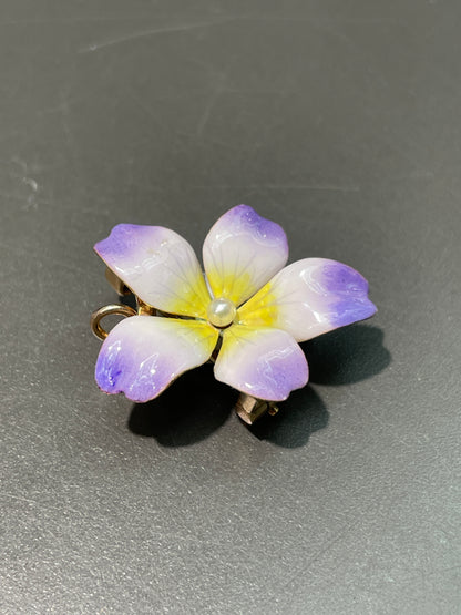 Antique 14K Gold Enamel Pansy Pearl Brooch Pendant