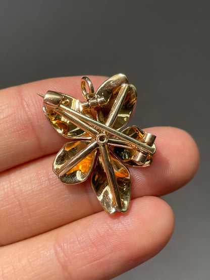 Antique 14K Gold Enamel Pansy Pearl Brooch Pendant