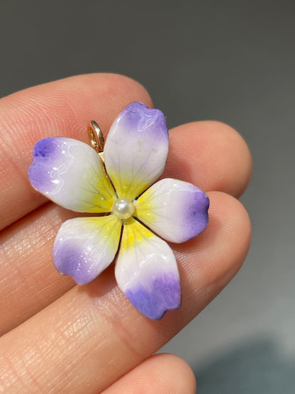 Antique 14K Gold Enamel Pansy Pearl Brooch Pendant