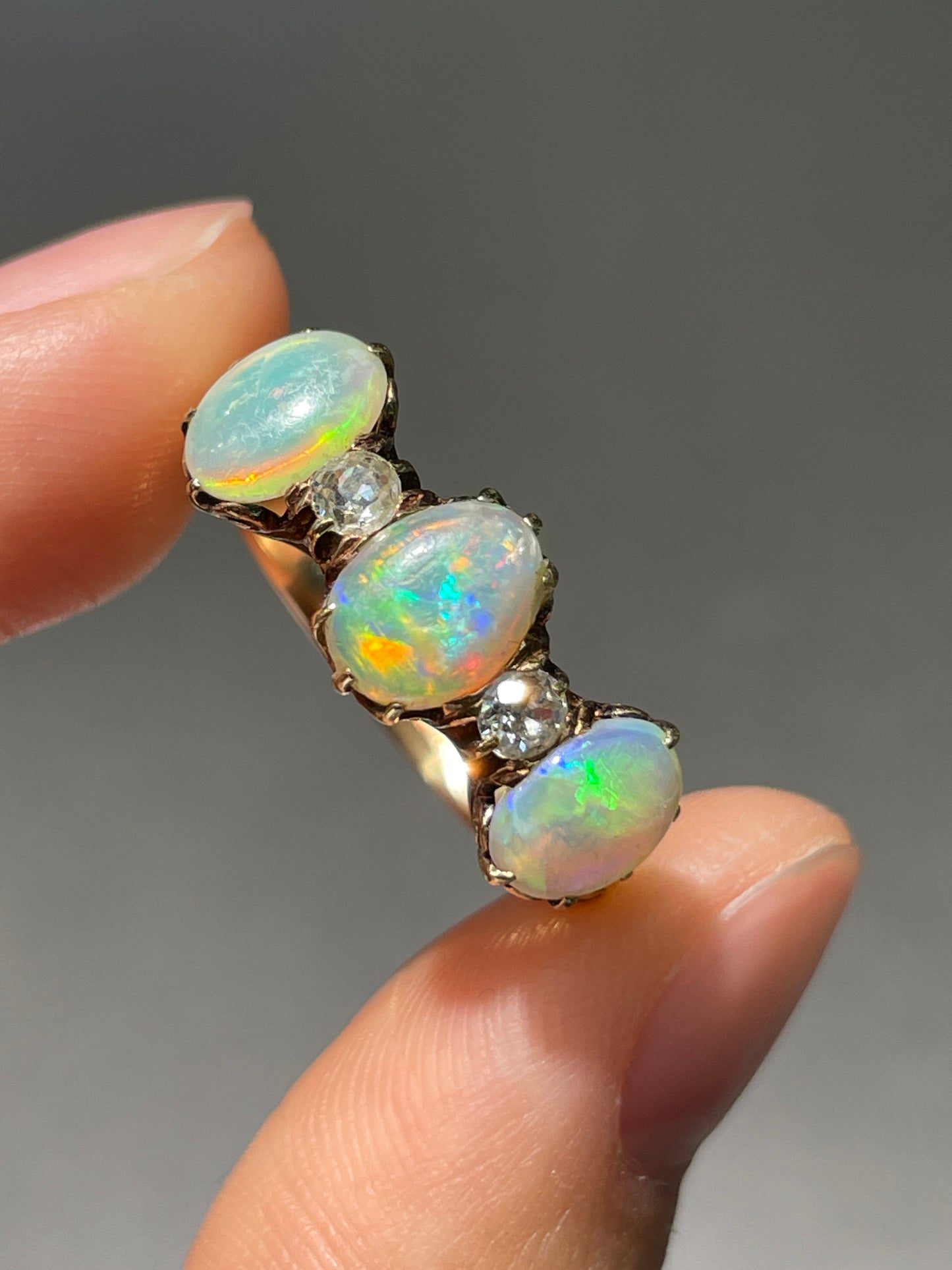 Antique 14K Gold Opal Diamond Three Stone Ring