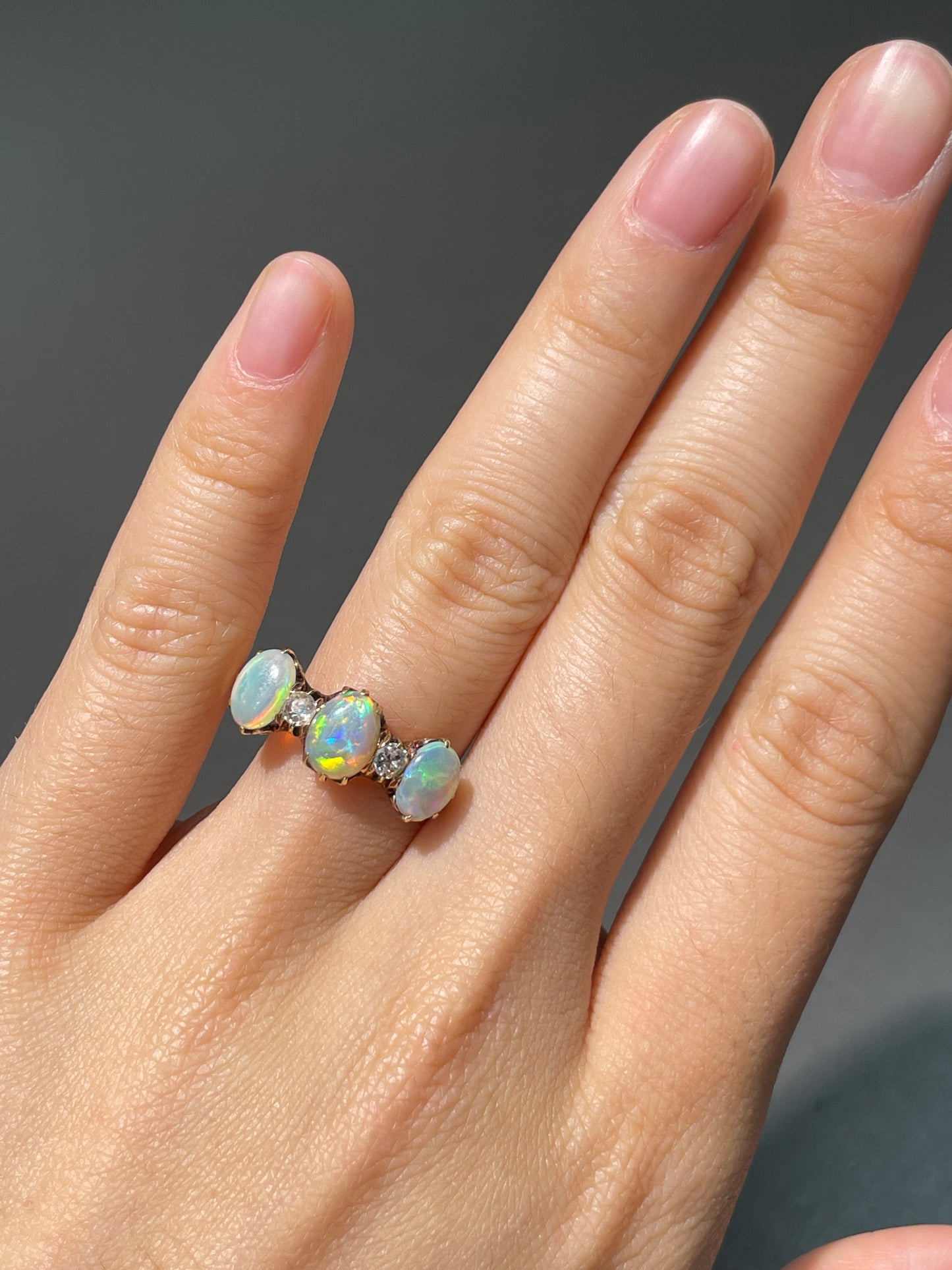 Antique 14K Gold Opal Diamond Three Stone Ring