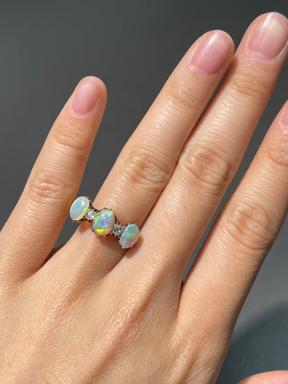 Antique 14K Gold Opal Diamond Three Stone Ring
