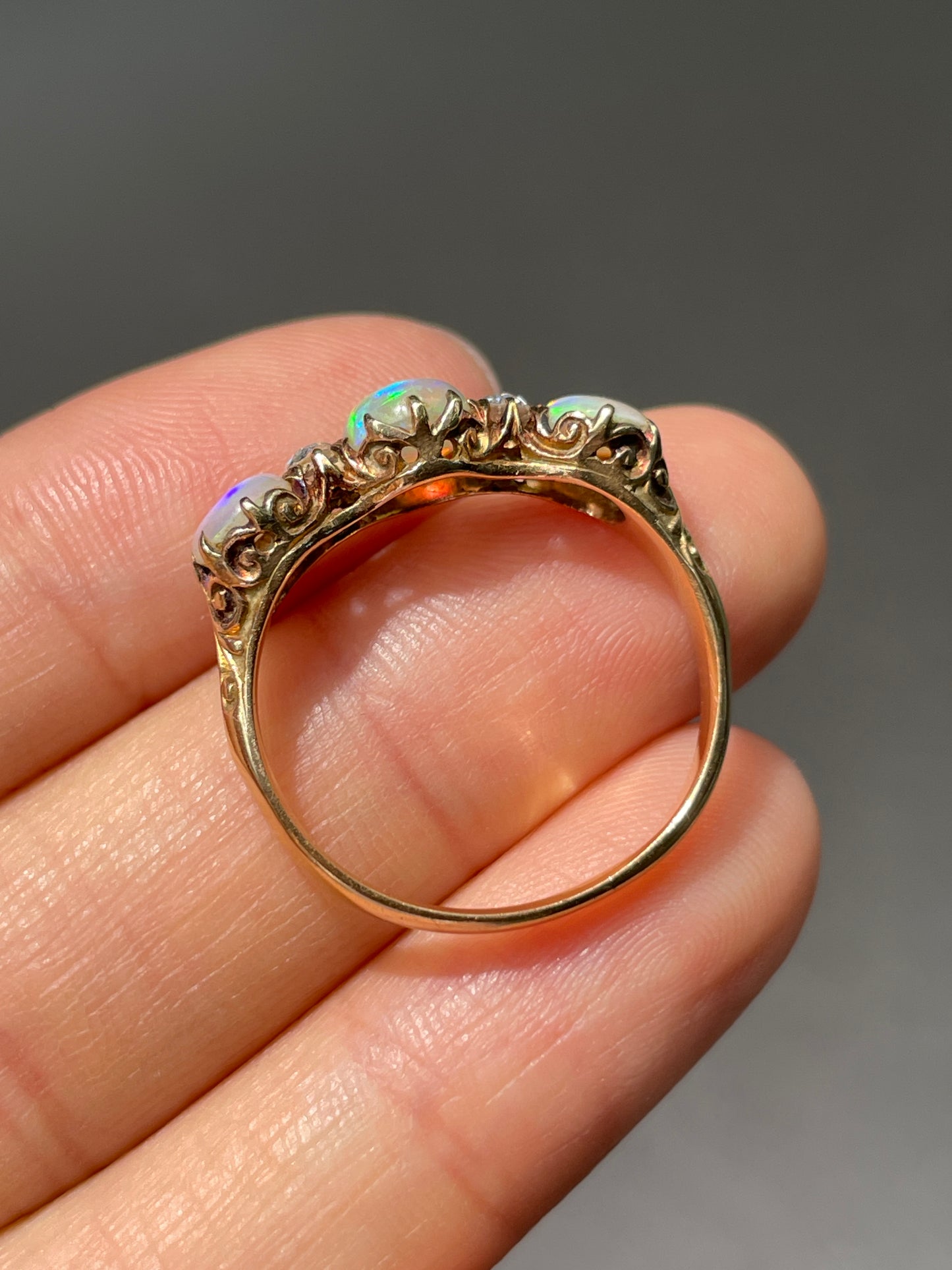 Antique 14K Gold Opal Diamond Three Stone Ring
